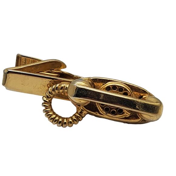 Gold Tone Telephone Tie Bar Rotary Phone Landline Corded Retro Clip Clasp - Picture 3 of 5
